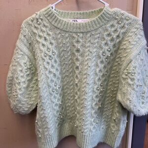 Zara Mint Green Sweater with Pearl Detailing- holiday perfect ! size small euc